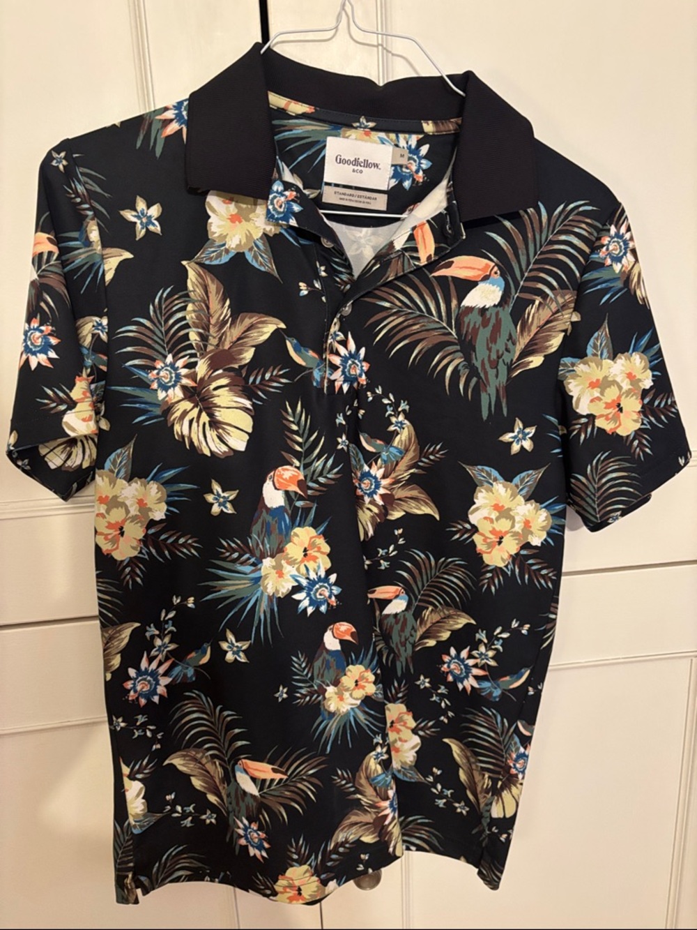 Goodfellow & Co Black Tropical Floral Polo with Toucan Print